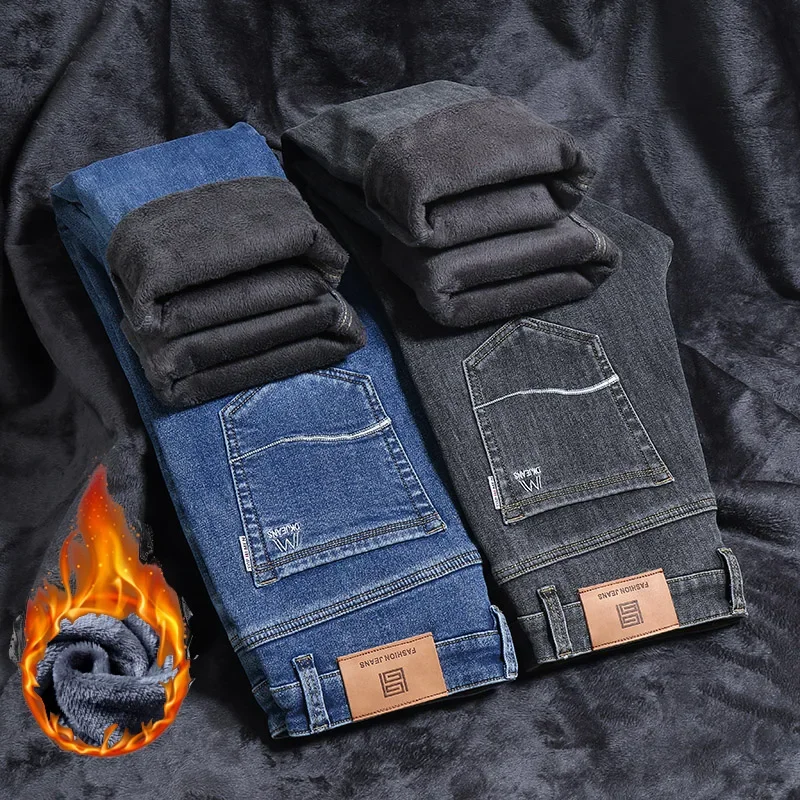 New Winter Men Plus Size Warm Fleece Stretch Straight Denim Jeans Male Plush Business Pants Casual Thick Velvet Regular Trousers 4
