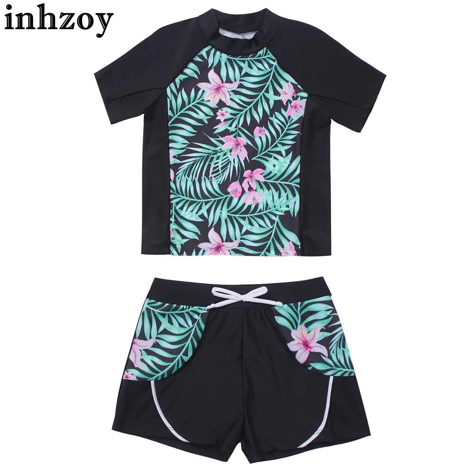 

Kids Girls 2Pcs Floral Print Swimsuit Short Sleeve Patchwork Top with Drawstring Boyshorts Beach Surfing Swimwear Bathing Suit