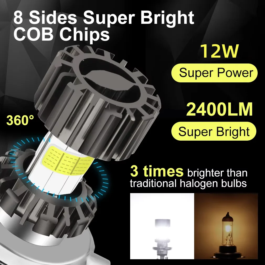 Motorcycle LED Headlight Bulb H4/P15D/BA20D 72W 8 COB 1800LM 6000K Hi/Lo Beam
