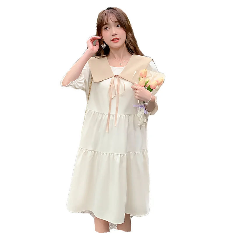 

2022 Summer Maternity Dress Puff Sleeve Sailor Collar Preppy Style Pregnancy Clothes Loose Pregnant Woman A-Line Dress Wholesale