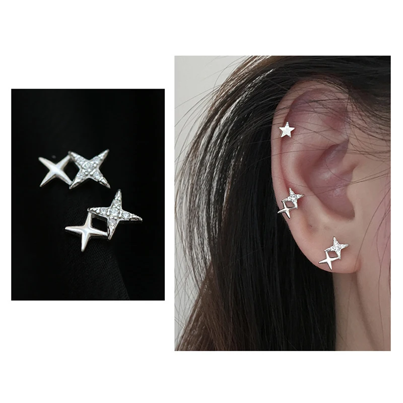 

INS Popular Micro-inlaid Zircon Piercing Star Stud Earrings for Women Silver Color Boucle Oreille Femme Exquisite Jewelry Gifts