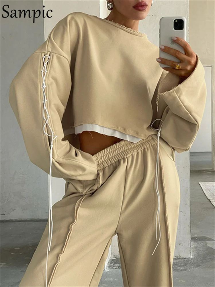 

Sampic Long Sleeve Loose Cropped Sweatshirt And Trouser Set Autumn Winter Oversized Pullover Top Pants Suit Streetwear Khaki