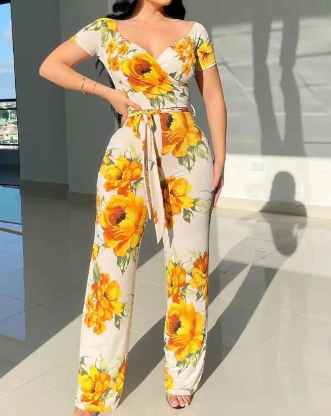 

Women Jumpsuit 2023 Summer Fashion Sunflower Print Tied Detail Casual V-Neck Short Sleeve Daily Skinny Long Jumpsuit Streetwear