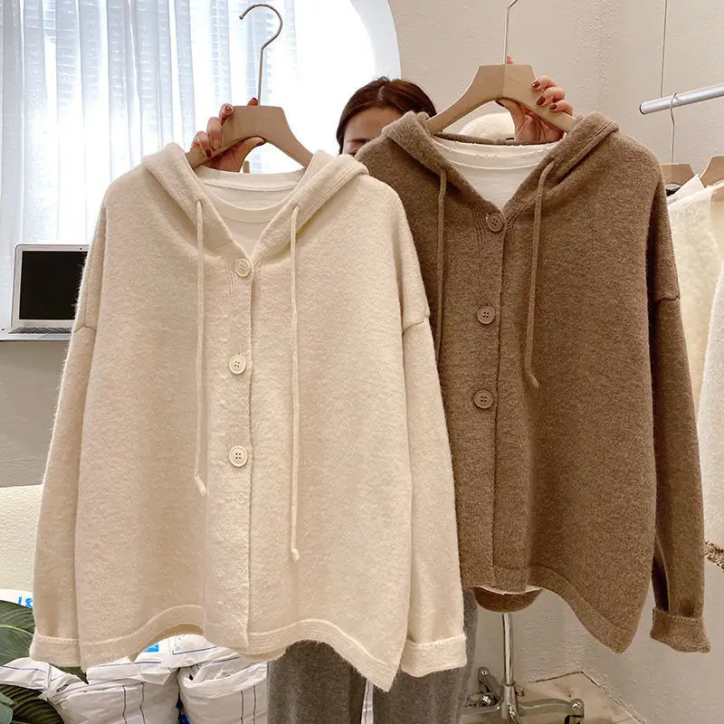 

Hooded Knitted Cardigan Women's Short Solid Color Outer Jacket 2023 Autumn New Style Small Fresh Loose All-match Sweater Jacket
