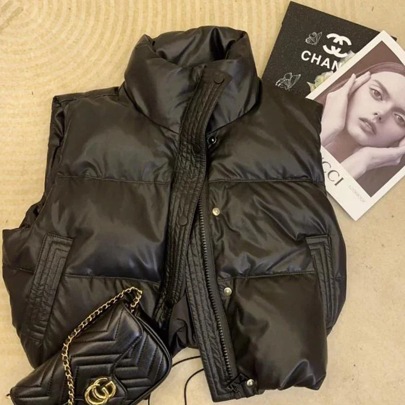 Korean Style Winter Female Vest Coats Sleeveless Stand Collar Zipper Button Fly Women's Cotton Jackets Solid Color Ladies Vests