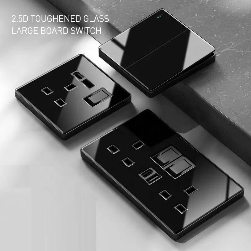 Black Tempered Glass Wall Lamp Switch, UK13A Type C USB Power Outlet, 1gang2way Speed 220V