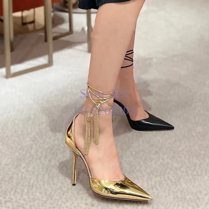 

Gold Pointed High Heeled Sandals Thin Heel Tassels Lace-up Cover Heels Strappy Sandals Summer Women Dress Shoes Stiletto 2024