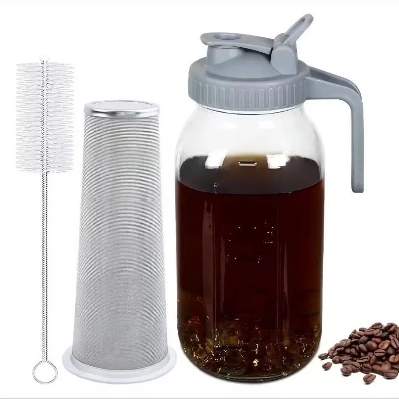 Caffettiera Cold Brew, brocca da 1,9 l, con filtro in acciaio inox, coperchio con manico per versare, in vetro resistente, ermetico e a prova di perdite, per caffè freddo, tè e limonata