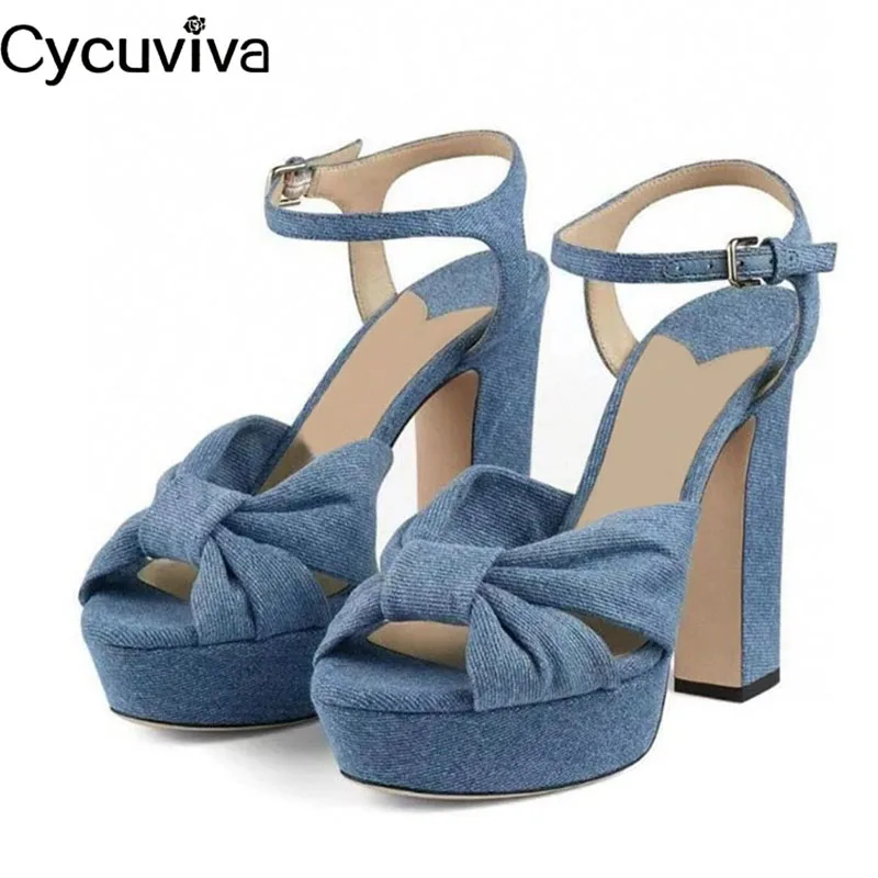 

Summer Brand Denim Platform Sandals Women Ankle Strap Super Chunky Heel Modern Sandals Peep Toe Gladiator Shoes Woman 2023 Mujer