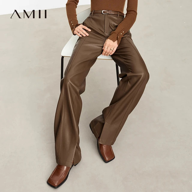 45557-817b25.jpg AMII Minimalist PU Leather Casual Pants for Women 2025 Autumn New Loose Floor Length Straight Slit Female Trousers 12343250