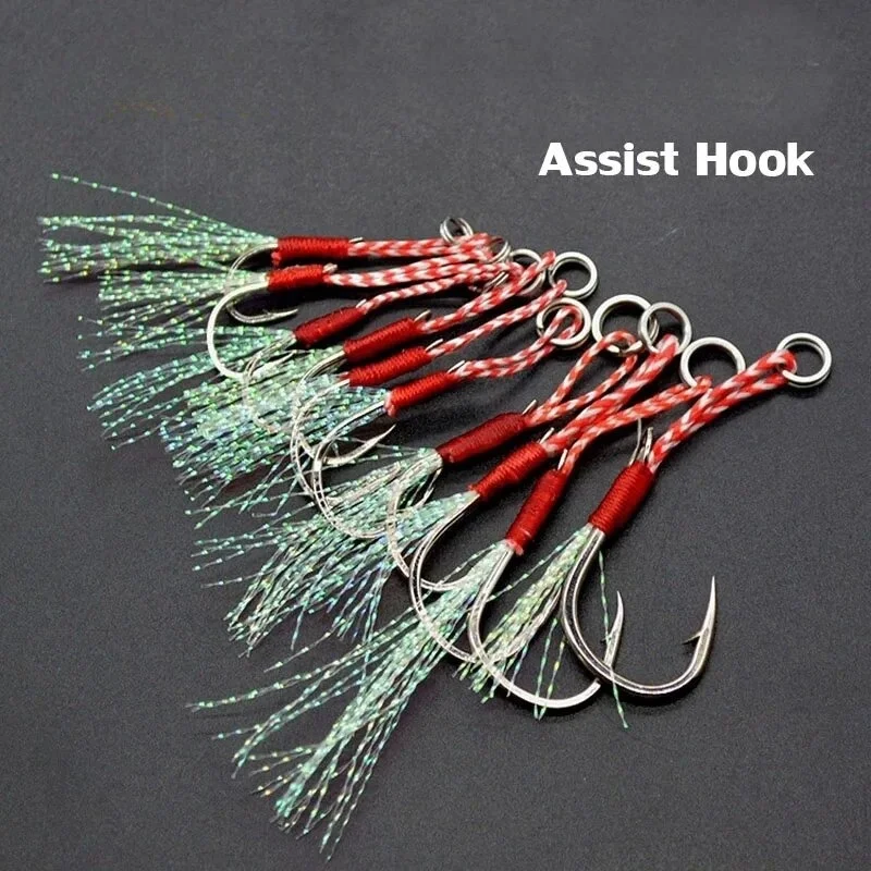 

20pcs/Lot Slow Jigging Fishing Cast Jigs Assist Hook Barbed Single Jig Hooks Thread Feather Pesca High Carbon Steel Fishing Lure