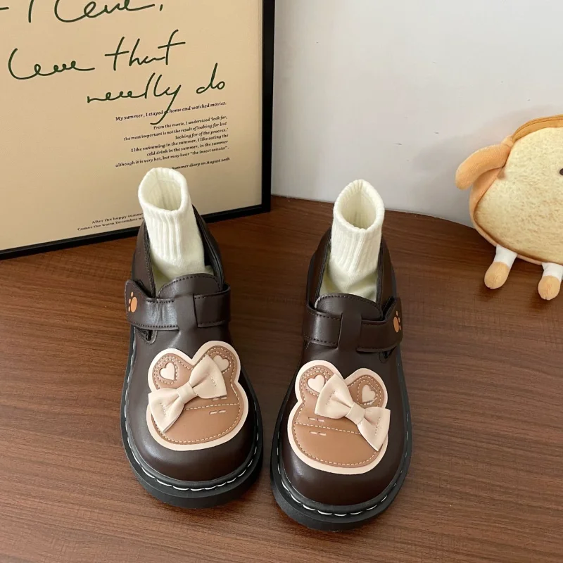 

2023 Lolita Shoes for Women Kawaii Bear Bow Round Toe Cute Pu Leather Casual Shoes Cartoon Comfortable Non-slip Footwear