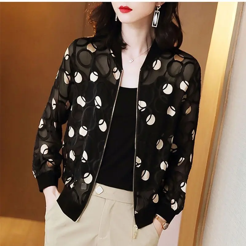 2023 Autumn Women's New Chiffon Coat with Lightweight Long Sleeve Sun Protection Coat Large Zipper Cardigan Baseball Jersey