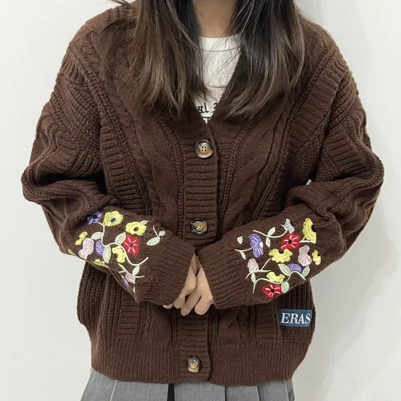 2025 Plus Size Eras Cardigan for Women Autumn Winter Flower Embroidered Knitted Sweater Y2k Girl Vintage Fashion Cardigans Tops 1