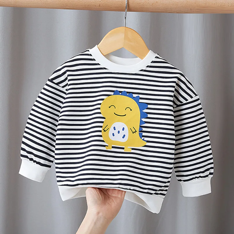 

Children's T-shirt Stripe Solid Color Long Sleeve Thin Cotton Cartoon Print Children's Coat Underlay Fashion Spring and Autumn