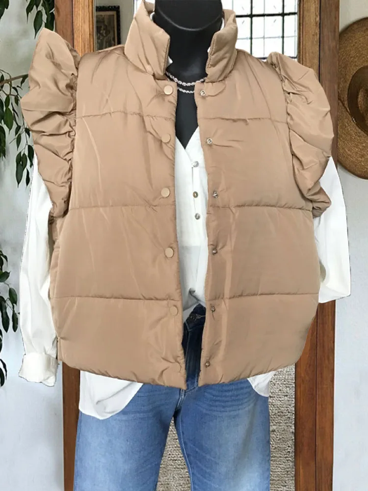 

Повседневный стеганый однотонный жилет с воротником-стойкой без рукавов, Повседневная Верхняя одежда на пуговицах для зимы