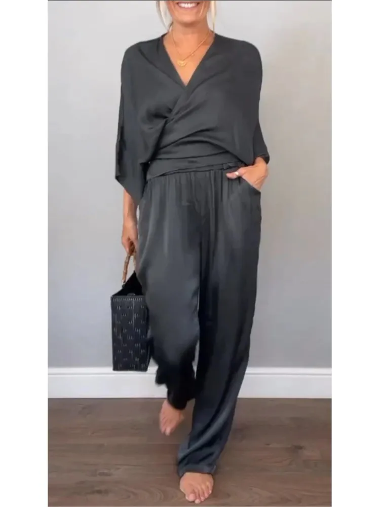 Silky and Elegant Satin Wide Neck Long Sleeve Loose Top and Elastic Waist Wide Leg Pants Set main image 0