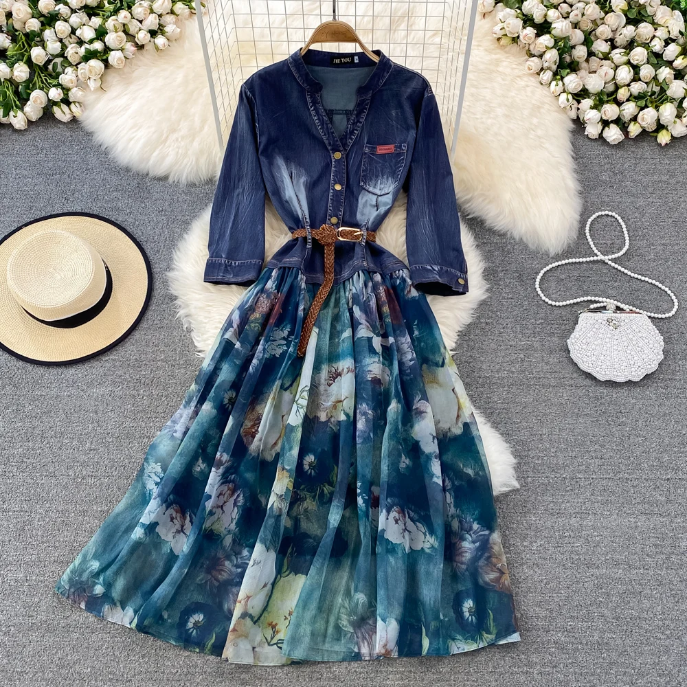 

Spring and Autumn New Style Waist Closing Slim Seven Point Sleeve V-neck Chiffon Stitched Denim Dress Elegant Large Swing Dress