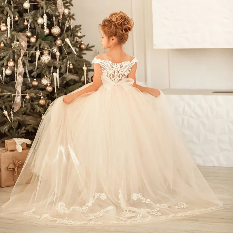 

Платья для девочек с цветочным рисунком, пышная длинная юбка цвета шампанского с аппликацией, платья без рукавов для свадьбы, дня рождения, банкета, Дня Святого Причастия