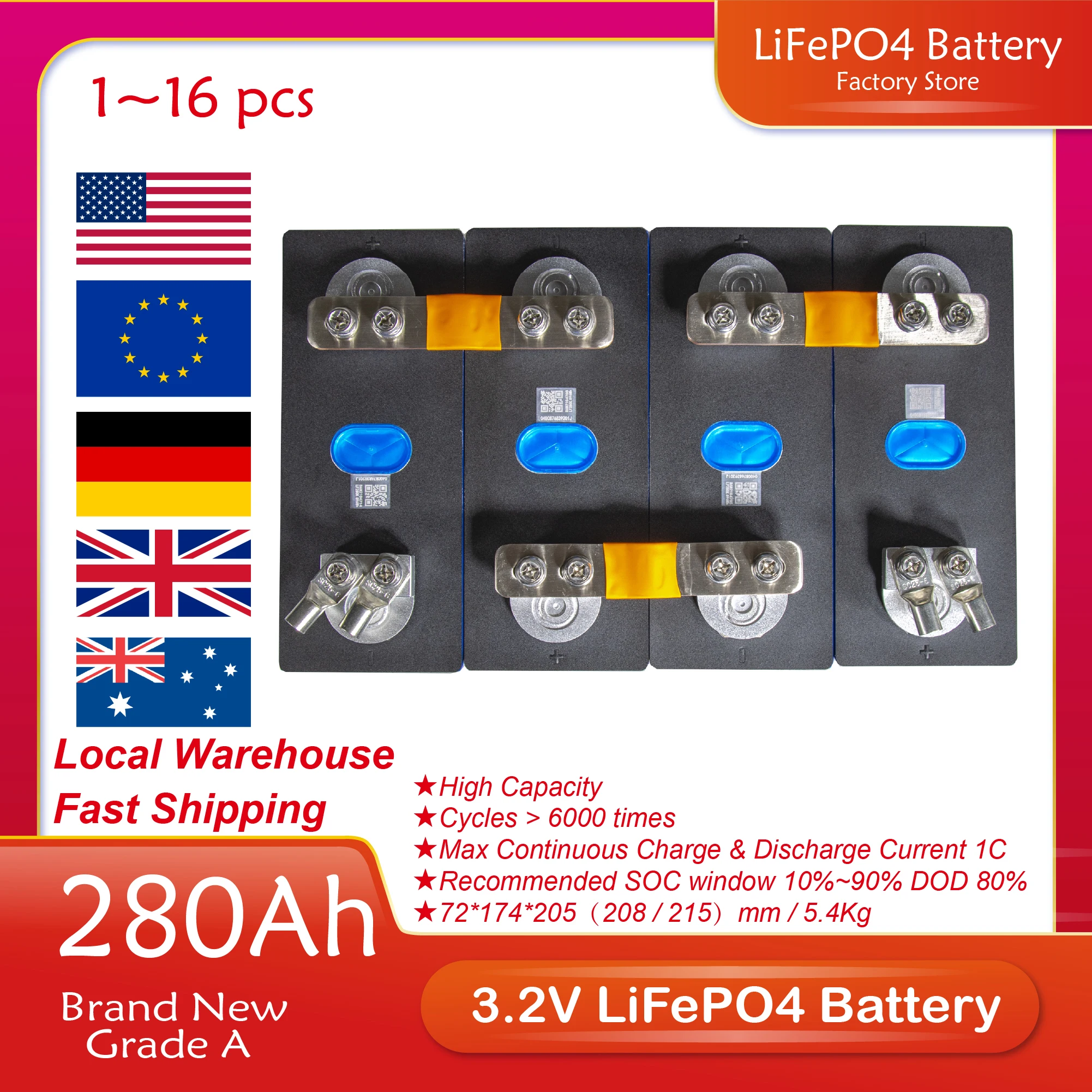 

280AH 3.2V 32/16/8/4/2/1PCS Prismatic Battery LF280K A Grade Brand New DIY 24V 48V 12V Battery Pack For Solar Energy Storage