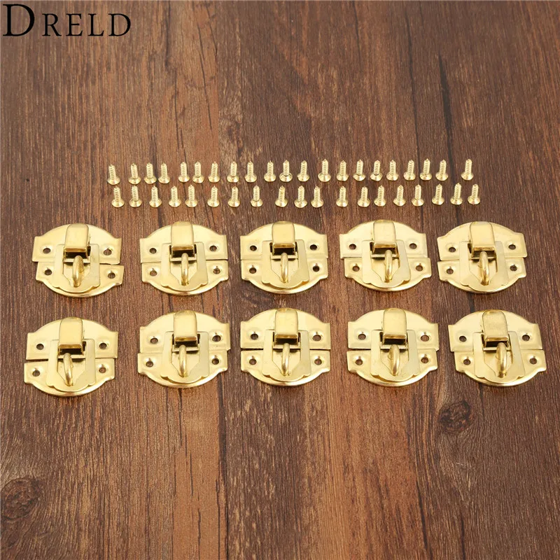 DRELD 10pcs Gold Box Latches Hasps Lock Catch Latches Furniture Fittings Jewelry Chest Box Suitcase Buckle Clip Clasp 27*29mm