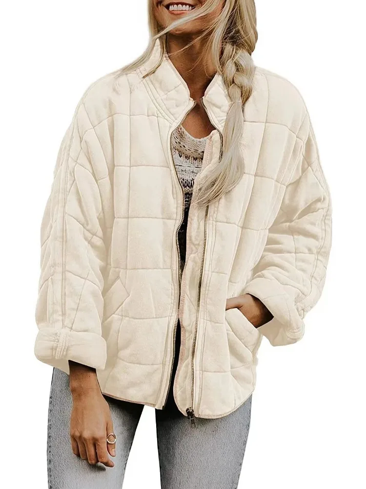 Autumn Winter Cotton-padded Coat Women Zipper Vintage Bomber Jacket Warm Long Sleeve Stand Collar Outerwear Parkas Streetwear