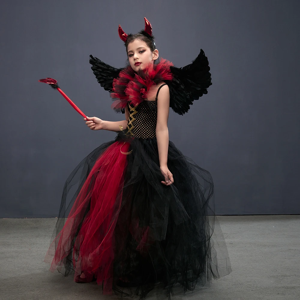 Girls Gothic Vampiress Costume Evil Queen Gown Tutu Dress for Halloween Cosplay Party Clothing Kids Fancy Dress Up Outfit cosplay costume