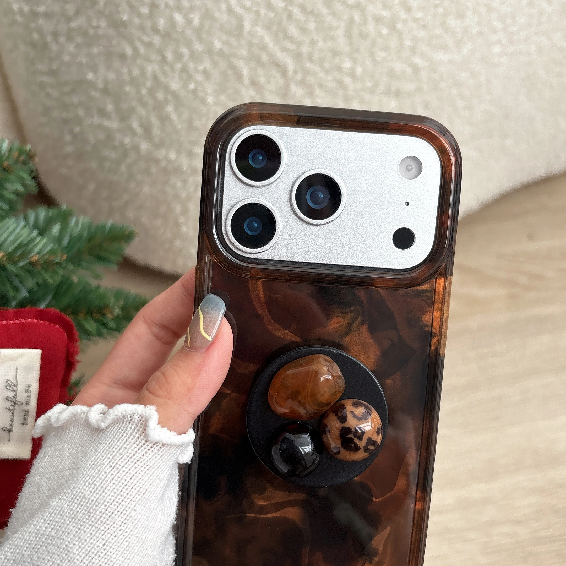 Korean Vintage Amber Leopard Print 3D Gemstone Stand Phone Case