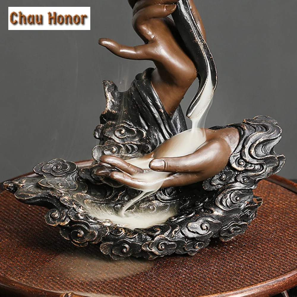 Backflow Incense Burner, Handmade Resin Lotus Buddha Hand Waterfall Incense Burner for Home Relaxation Lucky Feng Shui Decor