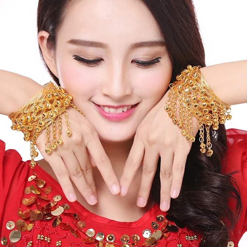 Fashion Belly Dance Gold Bracelet Ethnic Dance Metal Bell Arm Chain Clothing Bell Arm Ring Indian Performance Accessories