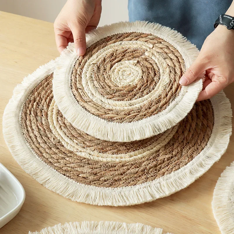 

Dish Placemat Round Woven Tassels Table Mat Heat Insulation High Temperature Coasters Pot Dish Quick Dry 1PC Kitchen Accessories