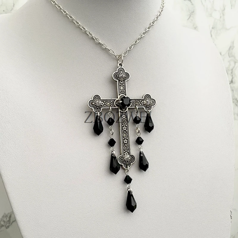 Collana con croce grande, collana con vampiro Goth, croce gotica, collana con goccia gotica con croce in argento gotico collana gotica con Choker incrociato 36 Collana con croce grande, collana con vampiro Goth, croce gotica, collana con goccia gotica con croce in argento gotico collana gotica con Choker incrociato 36