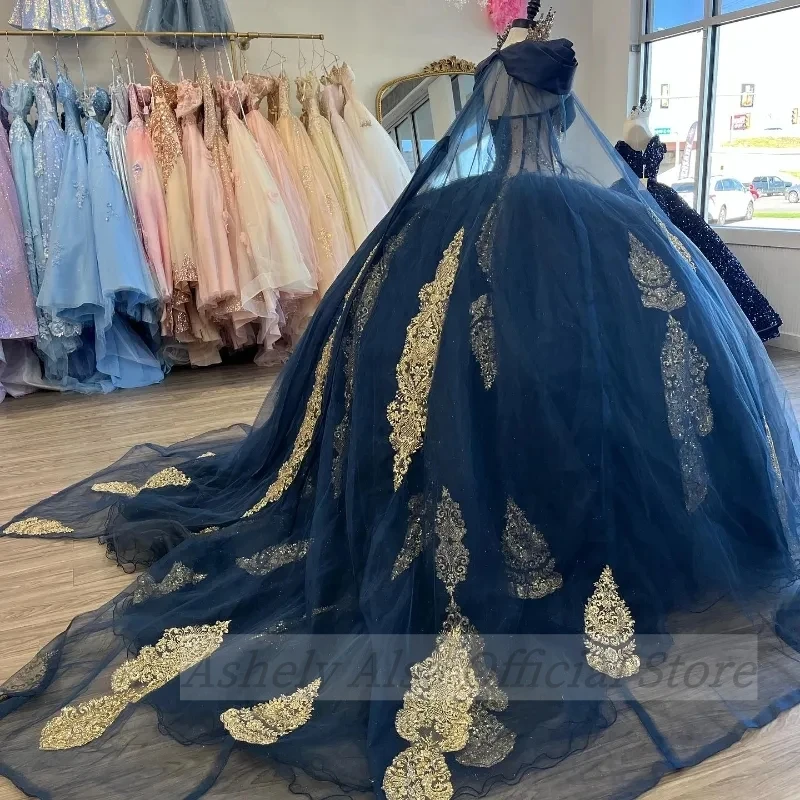 Prawdziwy obraz granatowy niebieskie sukienki Quinceanera z peleryną księżniczka słodka 14 16 dziewcząt na imprezę bal suknia urodzinowa vestidos de 15 Gothic