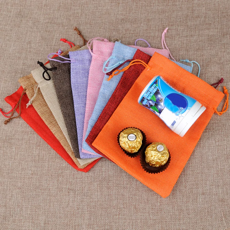 

100pcs 7x9cm 9x12cmDrawstring Linen Bags Printable Logo Jewelry Drawstring Packaging Bags Candy Jute Gift Festive Linen Bag
