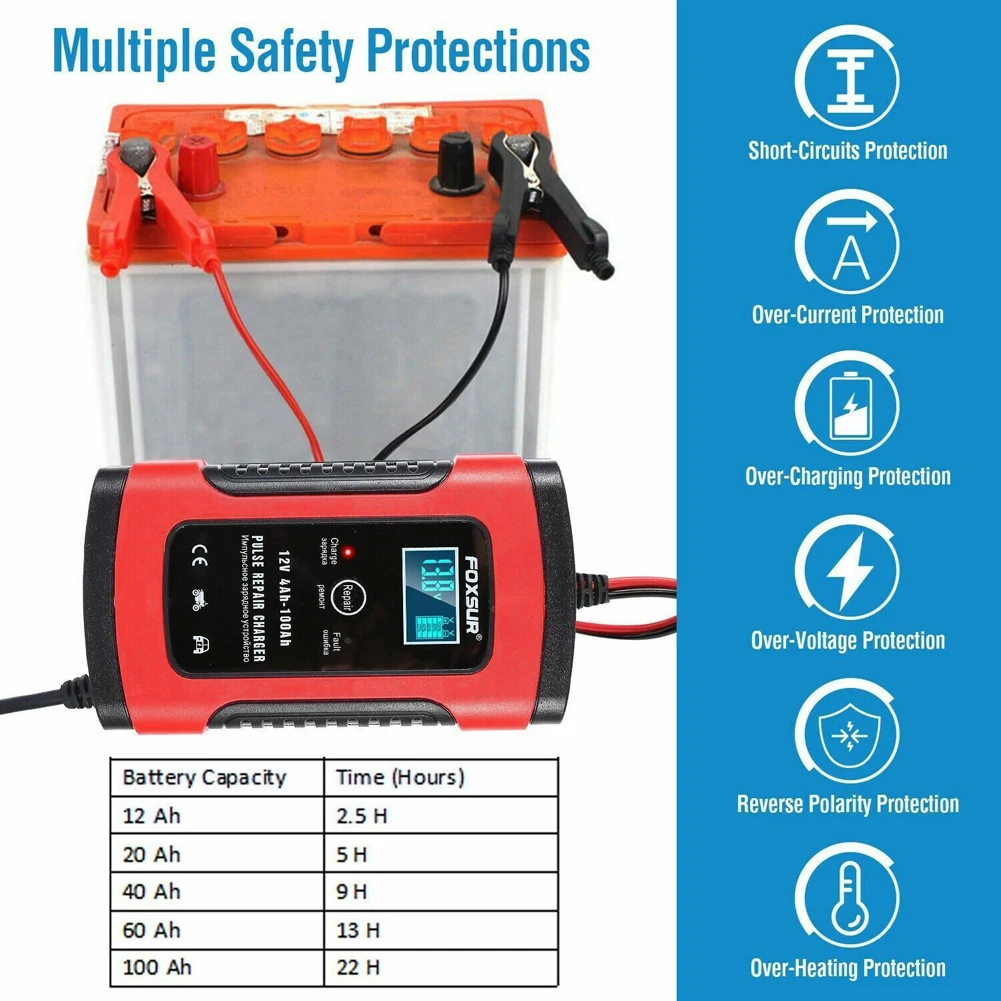 Portable Auto Power Supply LCD Display Car Battery Charger 12V 5A Pulse Repair Motorcycle SUV Truck Motorcycle ATV
