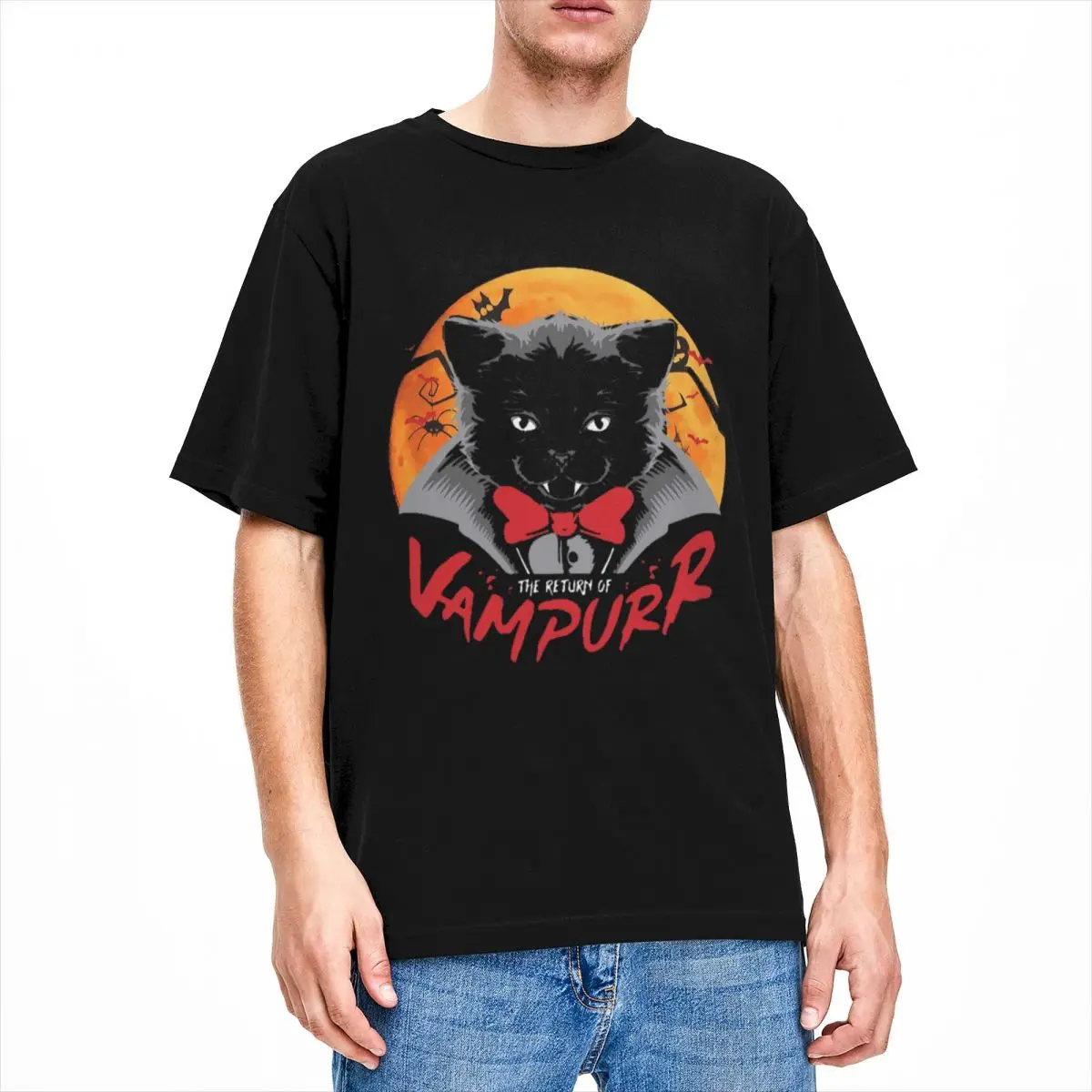 

Повседневная футболка с принтом возвращения Vampurr для мужчин и женщин, забавная футболка из чистого хлопка с круглым вырезом и короткими рукавами в виде кошки на Хэллоуин, одежда с графическим принтом