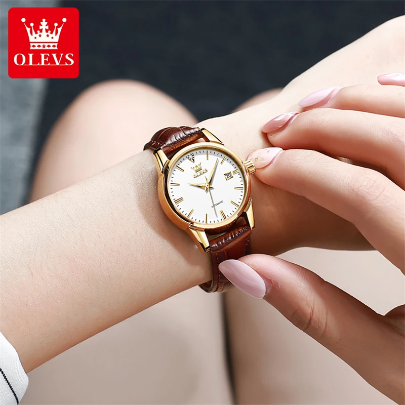 OLEVS Brand Luxury Mechanical Watch for Women Fashion Leather Waterproof Luminous Automatic Wristwatches Ladies Reloj Mujer