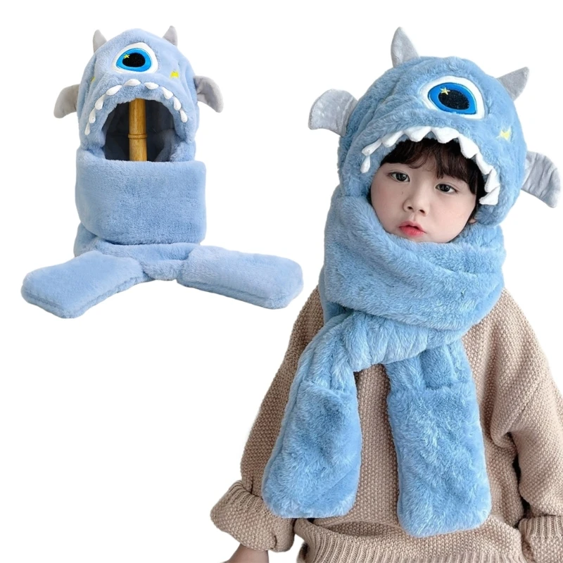 

3 in 1 Hat Scarf Gloves Set Plush Cartoon Single Eye Alien Shaped Hoodie Earflap Caps Scarf Mittens for Kid Age 3-8 Year