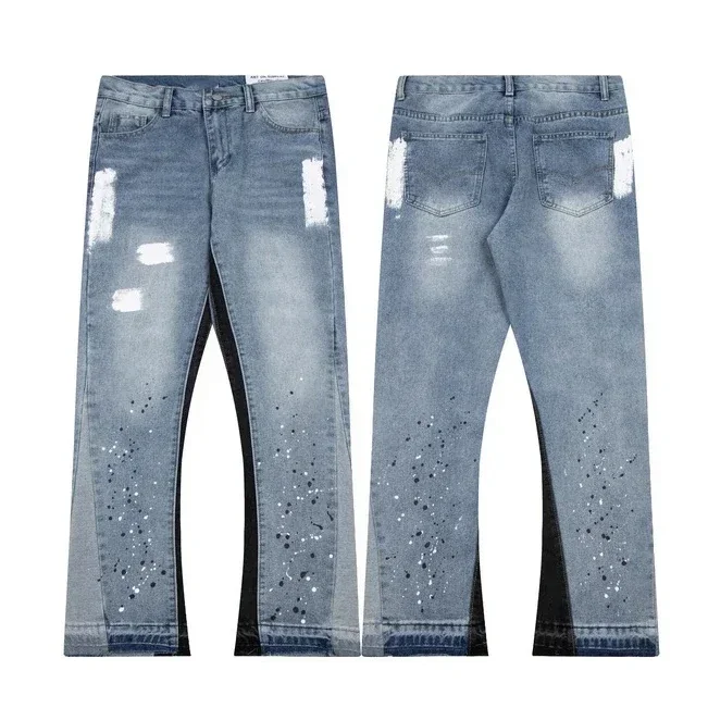 Trendy High Street Splashed Ink Ripped Patchwork Jeans Men and Women Brand American Straight Slim Micro-flared Pants