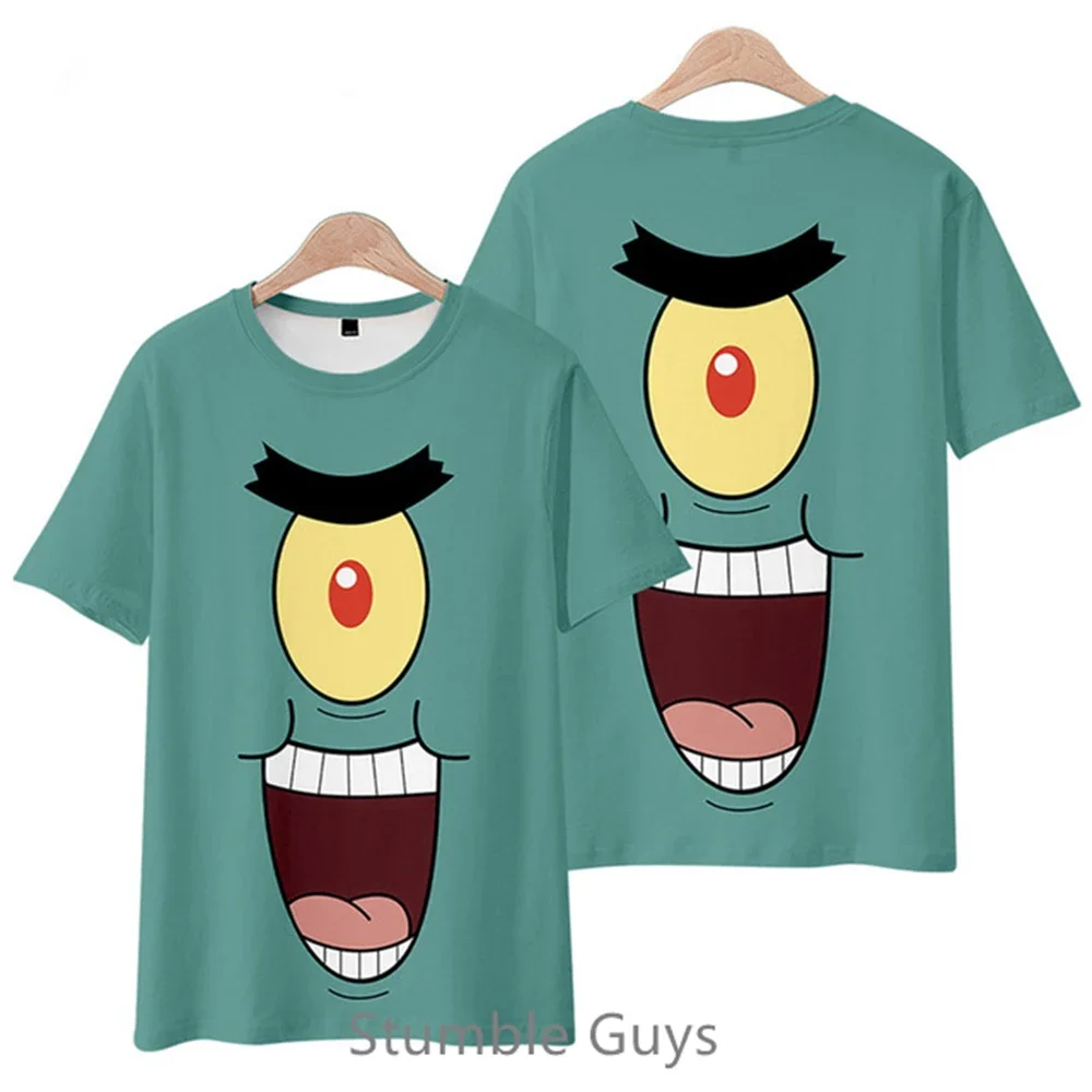 2024 Summer New Boys Clothes Girls 3D SpongeBob SquarePants Round Neck T-shirt Kids Street Leisure Sports Large Breathable Tops 6