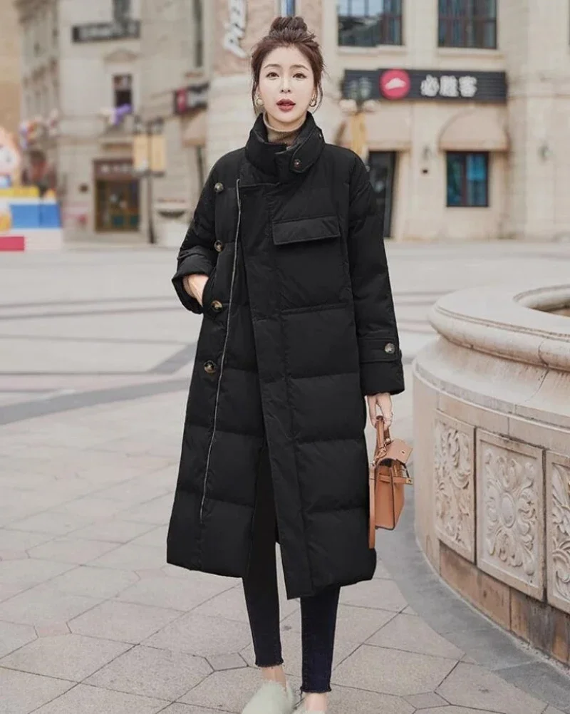 

Stand Collar Windproof Coats Winter Women Buttons Big Pockets Long Parka Thickened Warmer Cotton Jacket Korean Puffer Jacket