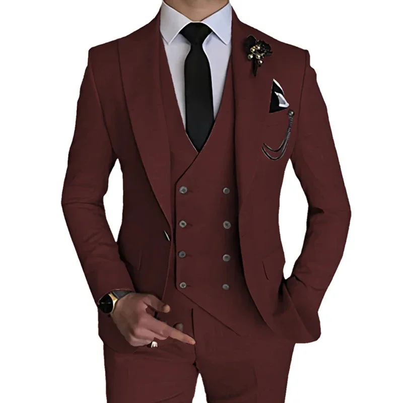 3 Pcs 2023 Fashion New Men Leisure Boutique Business Solid Color Wedding Suit Coat Pants Vest  Set Dress Blazers Jacket Trousers 6