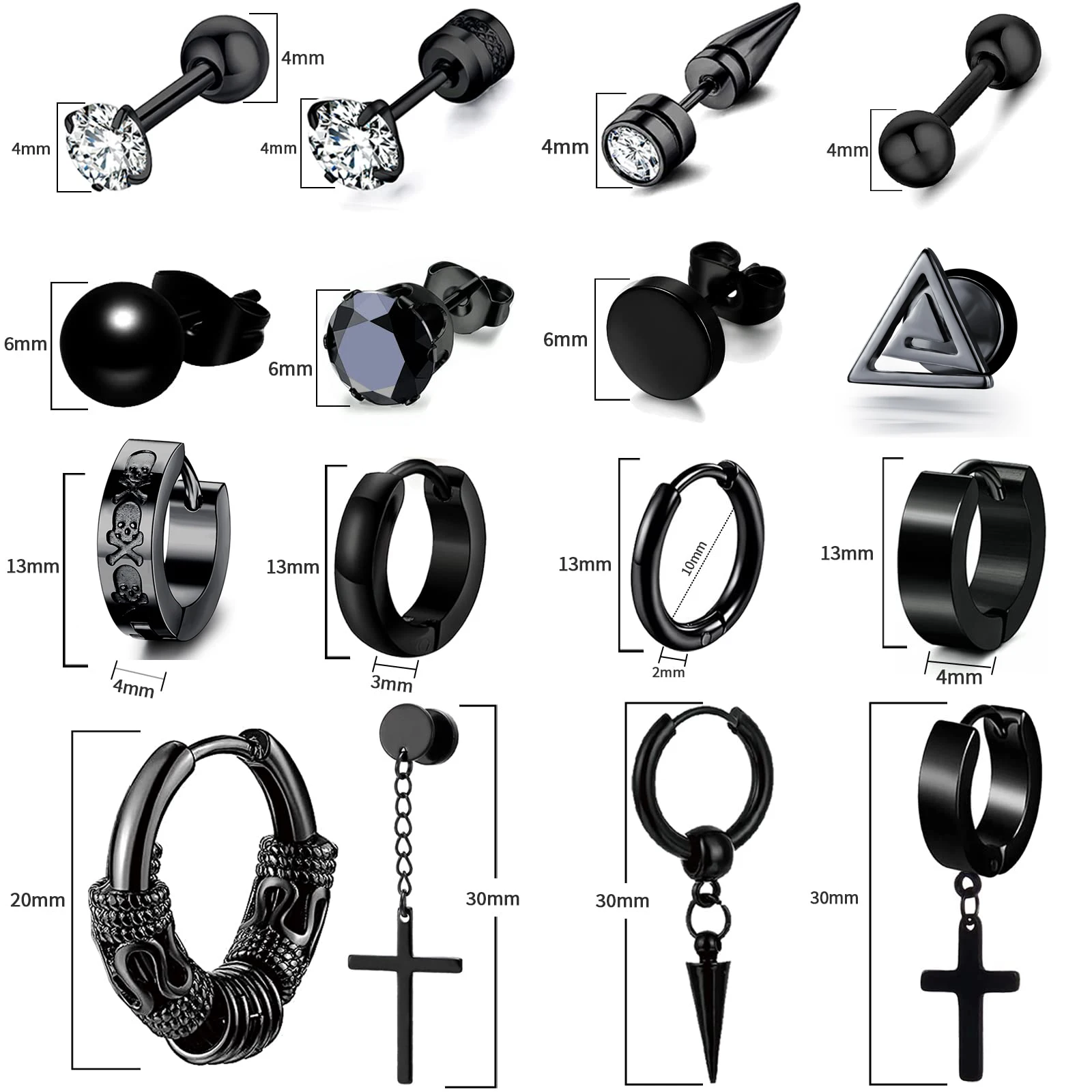 1-16 Pairs Men's Black Earrings and Ear Stud Kit Stainless Steel Fashion Piercing Jewelry Cross Dangle Hoop Earrings Set 5