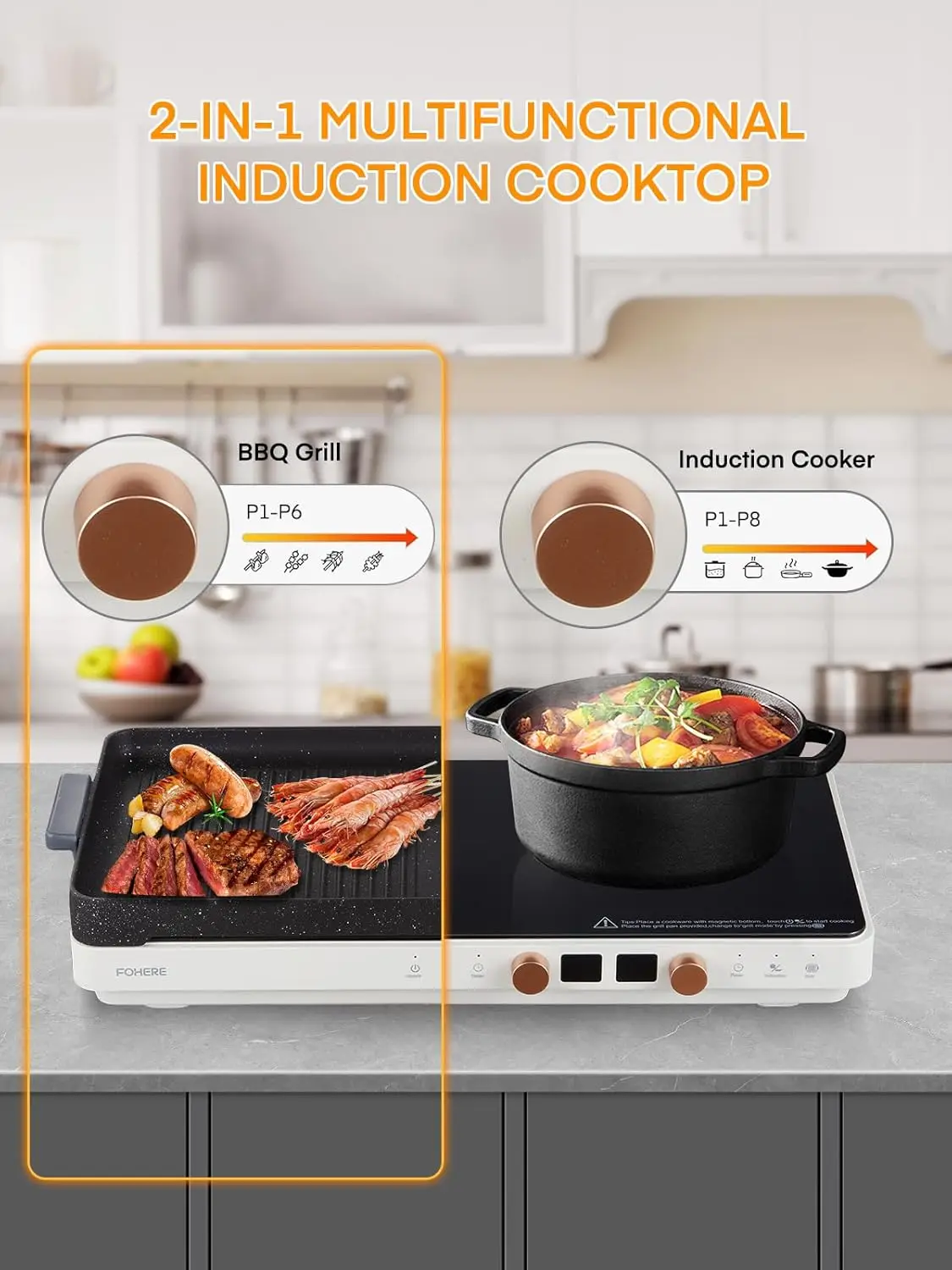 Cooktop 2 Burners, Double Induction Hot Plate with Removable Iron Cast Griddle Pan Non-stick, Independent Temperature Control,To 2