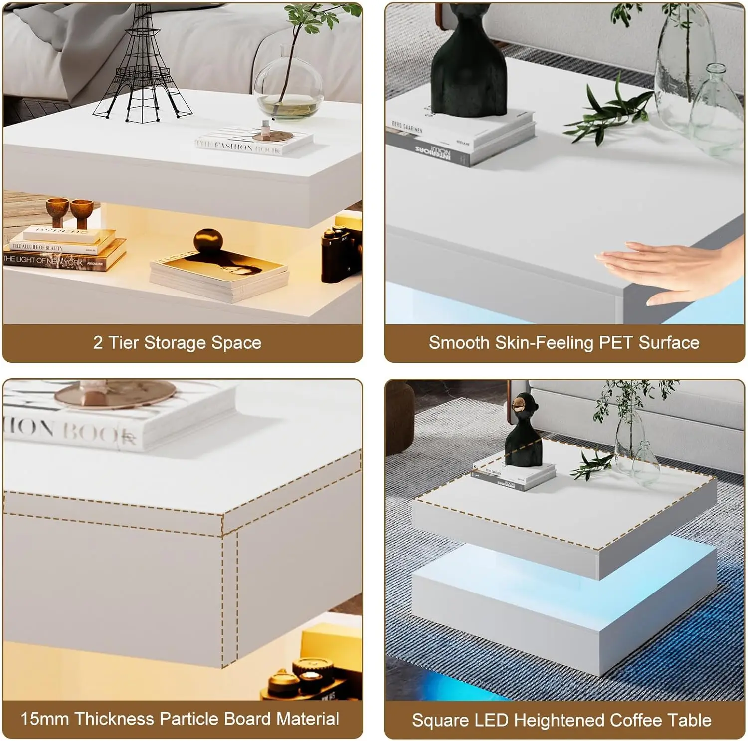 White LED Coffee Table with Storage for Living Room Modern Smart Tall Square Center Table 2 Tier Display Shelf 20 Colors 3