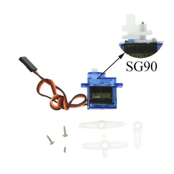 Servomoteur SG92R 180° avec détails du boîtier et engrenages métalliques, parfait pour RC.