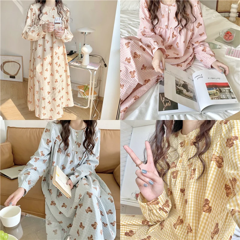 

Autumn New Ins Holiday Loose Can Be Worn Outside The Plaid Bear Home Clothes Female Cute Casual Long-sleeve Nightdress Soft D655