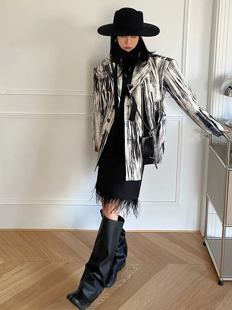 BZVW Grey White Graffiti Suit Jacket Women's 2023 Spring Autumn Versatile Zipper Spliced Designer Fashion Blazers Coat 25X3496