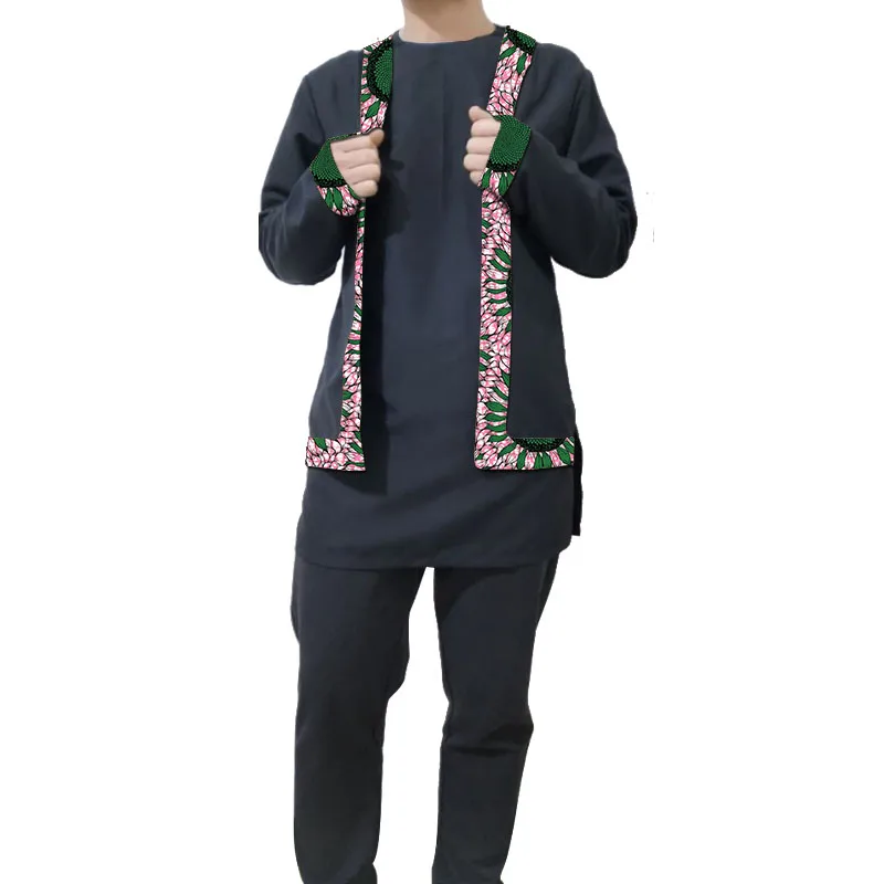 Nigerian Print Patchwork Shirt Fake Two Tops With Solid Black Pants Long Sleeves Men's Sets African Wedding Groom Suit