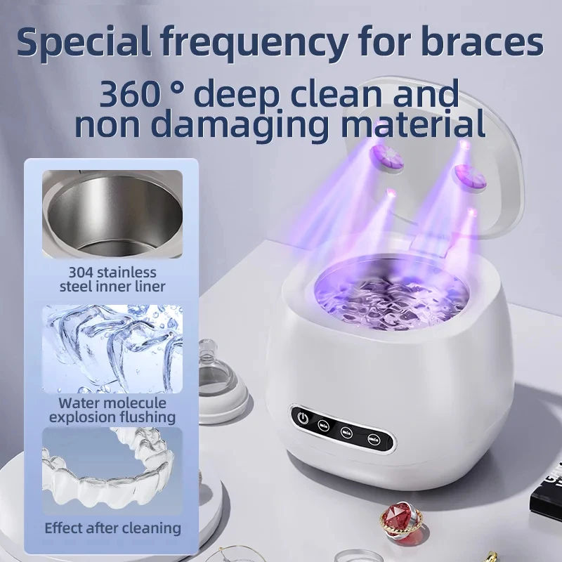 Portable 48KHZ Ultrasonic Denture Cleaner UV Sanitizer Retainer Aligner Cleaning Machine 200ml Travel Braces Pods Jewelry